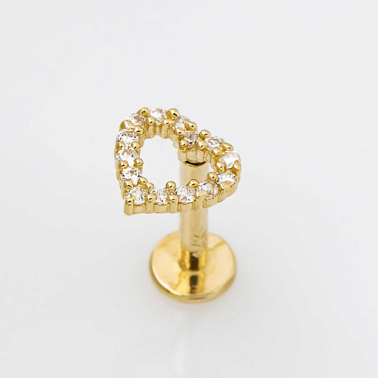 Jewelry Avalanche Solid 14K Gold Full CZ Heart-shape Labret Stud, Helix, Tragus, 8mm Post, Internally Threaded, Flat Back, Valentine's Day gift