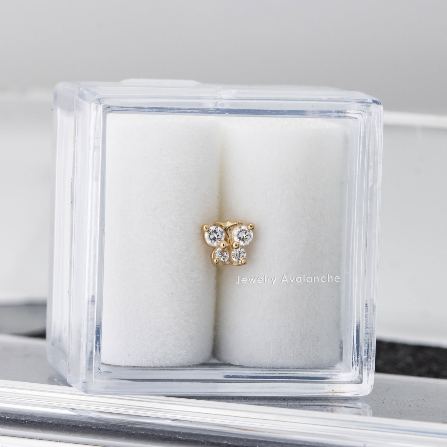 Jewelry Avalanche Solid 14K Gold CZ Butterfly Labret Stud, Helix, Tragus, 8mm Post, Internally Threaded, Flat Back