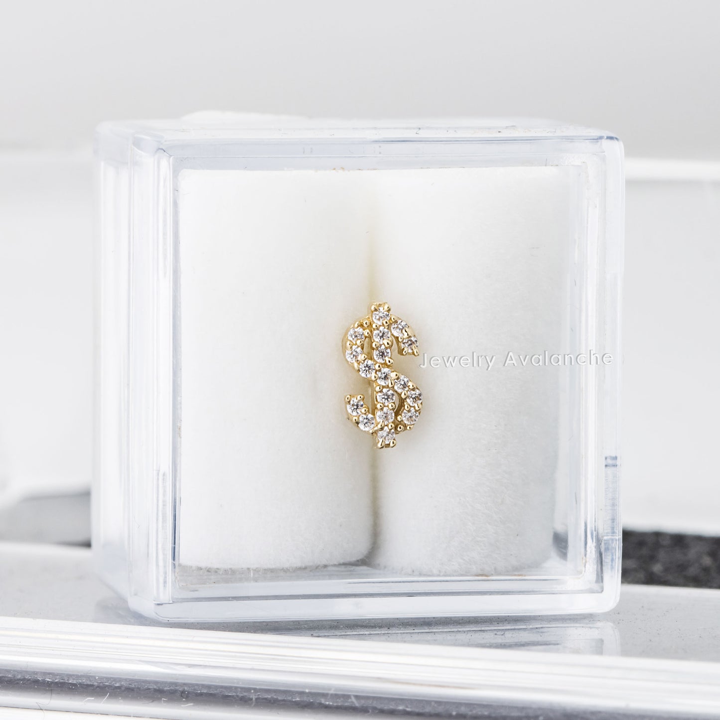Jewelry Avalanche Solid 14K Gold Dollar Sign Labret Stud, Helix, Tragus, 8mm Post, Internally Threaded, Flat Back, CZ Accent