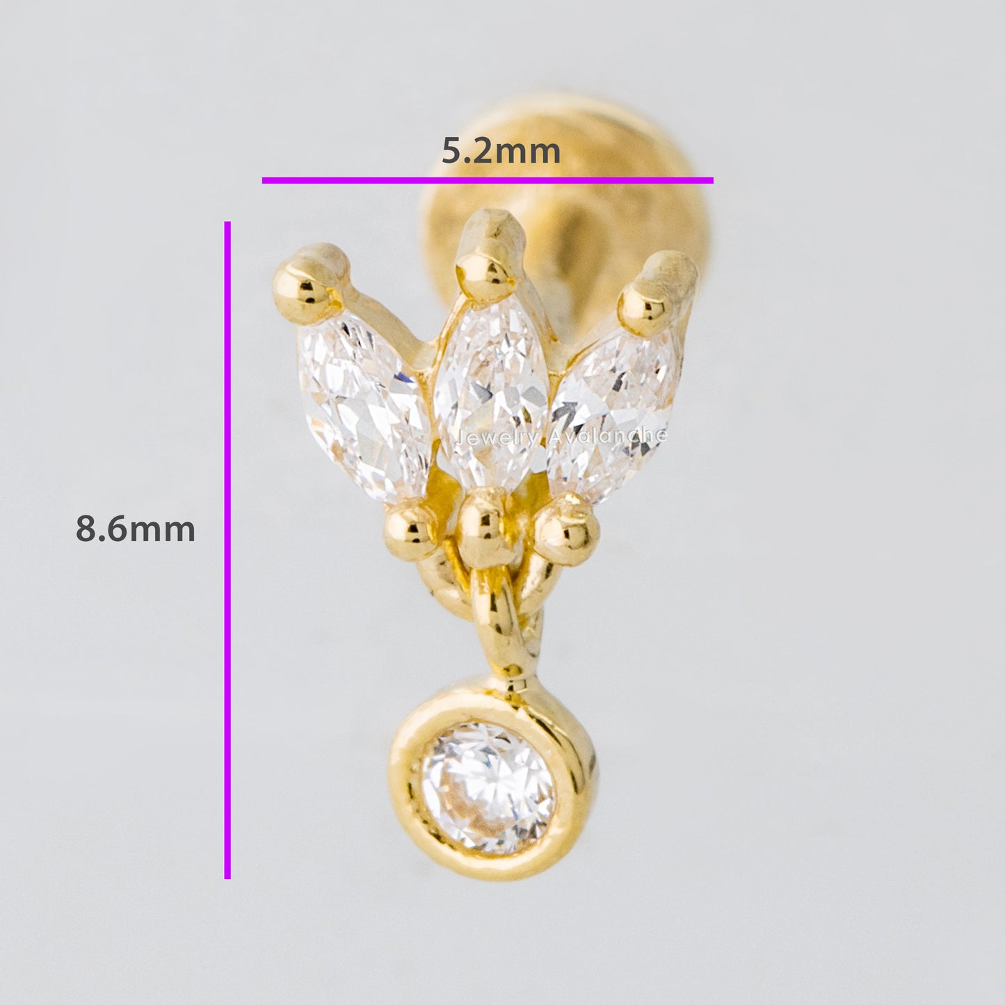 Jewelry Avalanche Solid 14K Gold 3-Petal Marquise-shape with Dangle Bezel-set CZ Labret Stud, Helix, Tragus, 8mm Post, Internally Threaded, Flat Back