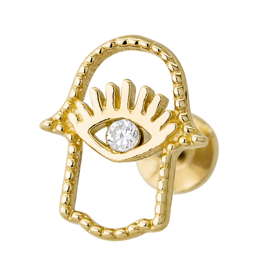 Jewelry Avalanche Solid 14K Gold Hallow Hamsa Labret Stud, Helix, Tragus, 8mm Post, Internally Threaded, Flat Back