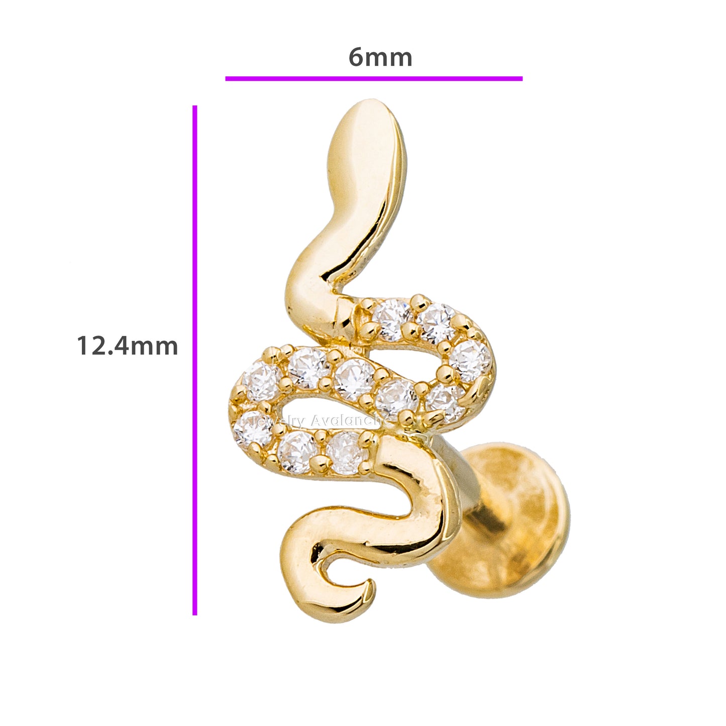 Jewelry Avalanche Solid 14K Gold CZ Snake Labret Stud, Helix, Tragus, 8mm Post, Internally Threaded, Flat Back
