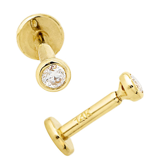 Jewelry Avalanche Unisex 14K Gold Bezel Set 2mm Moissanite Labret Studs, Monroe, Lip Ring, 16G