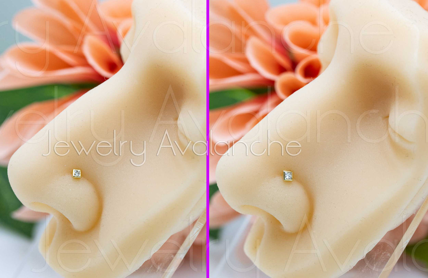 Jewelry Avalanche Bezel Set Princess Cut Diamond Nose Bone Nose Stud - Solid 14K Gold - 22G