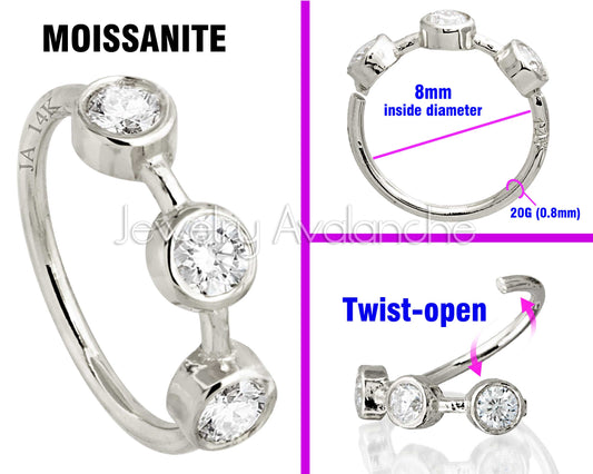 Jewelry Avalanche 20G 14K Gold Bezel Set 3-stone Moissanite Nose Hoop Ring