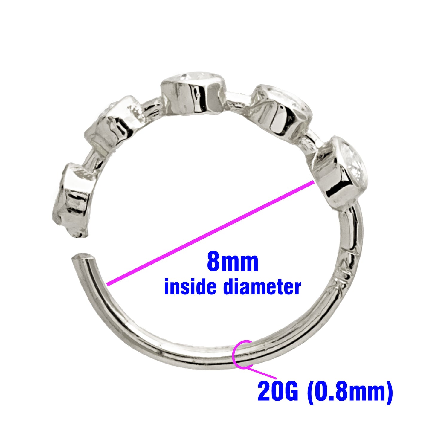 Jewelry Avalanche 14K Gold 5-stone Bezel set Moissanite Nose Hoop, 8mm, 20G Nose Ring