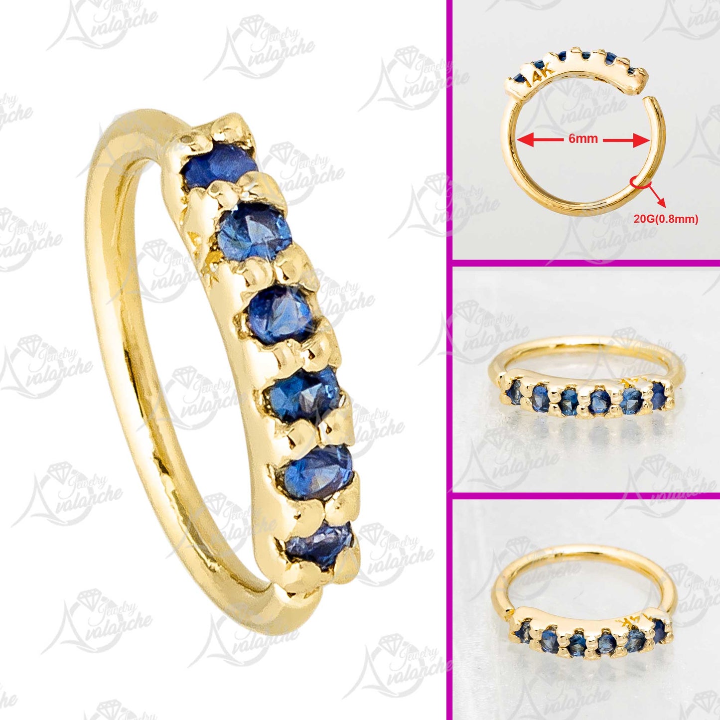 Jewelry Avalanche Unisex 20G 14K Gold Blue Sapphire Nose Hoop, 6mm(1/4") Nose Ring