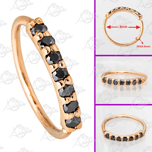 Jewelry Avalanche Unisex 20G 14K Gold 7-stone Nose Hoop Ring with Black Moissanites, 8mm Nose Ring