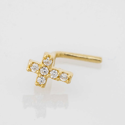 Jewelry Avalanche 20G 14K Gold L-Shape Cross Nose Stud – CZ Accented Religious Nose Jewelry