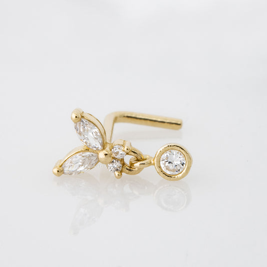Jewelry Avalanche 20G 14K Gold L-Shape Butterfly Nose Stud – Dangling Bezel Set CZ Nose Jewelry
