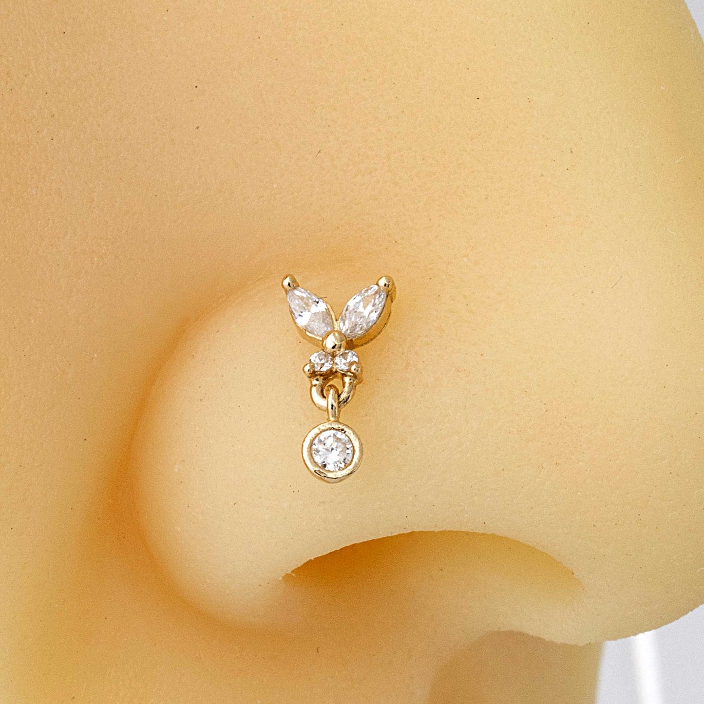 Jewelry Avalanche 20G 14K Gold L-Shape Butterfly Nose Stud – Dangling Bezel Set CZ Nose Jewelry