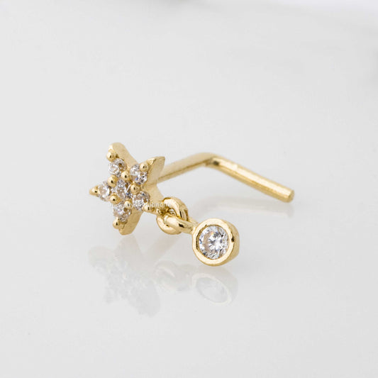Jewelry Avalanche 20G 14K Gold L-Shape Flower Nose Stud – Dangling Bezel Set CZ Nose Jewelry