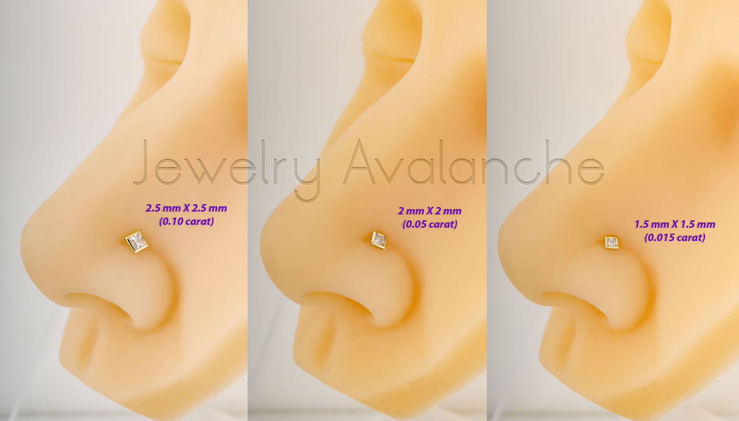 Jewelry Avalanche Bezel Set Princess Cut Moissanite L-Shape Nose Stud, Solid 14K Gold, 22G