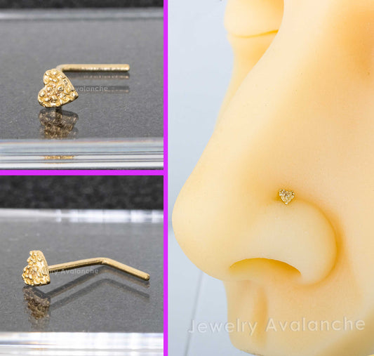 Jewelry Avalanche Solid 14K Yellow Gold Nugget Heart Nose Stud, 22G L-Bend Nose Ring Stud