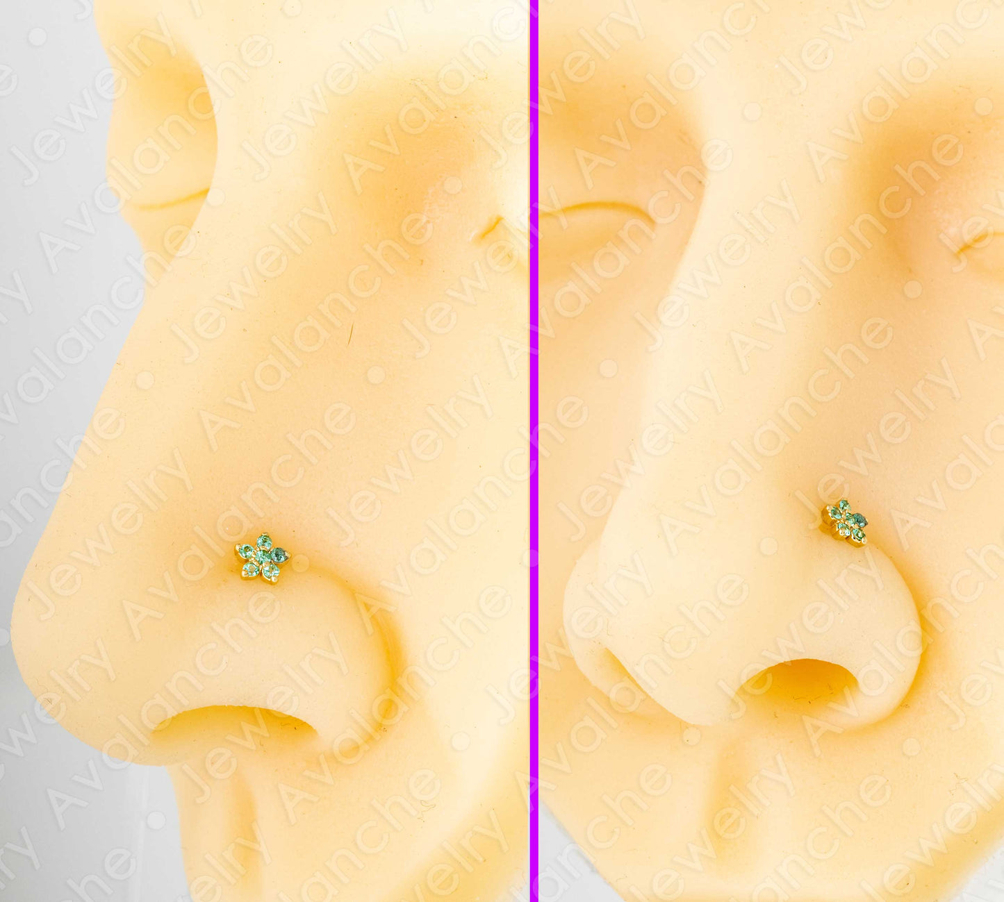 Jewelry Avalanche 22G Solid 14K Gold Emerald Flower L-shape Nose Stud