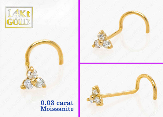 Jewelry Avalanche 22G 14K Gold 3-stone 0.03ctw Moissanite Screw Nose Stud