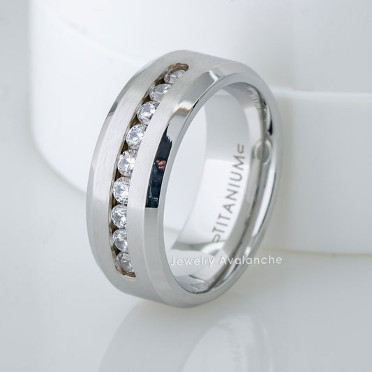 Jewelry Avalanche Mens White Titanium Wedding Band Channel Set 9-CZ Accent, Comfort-fit, 8mm