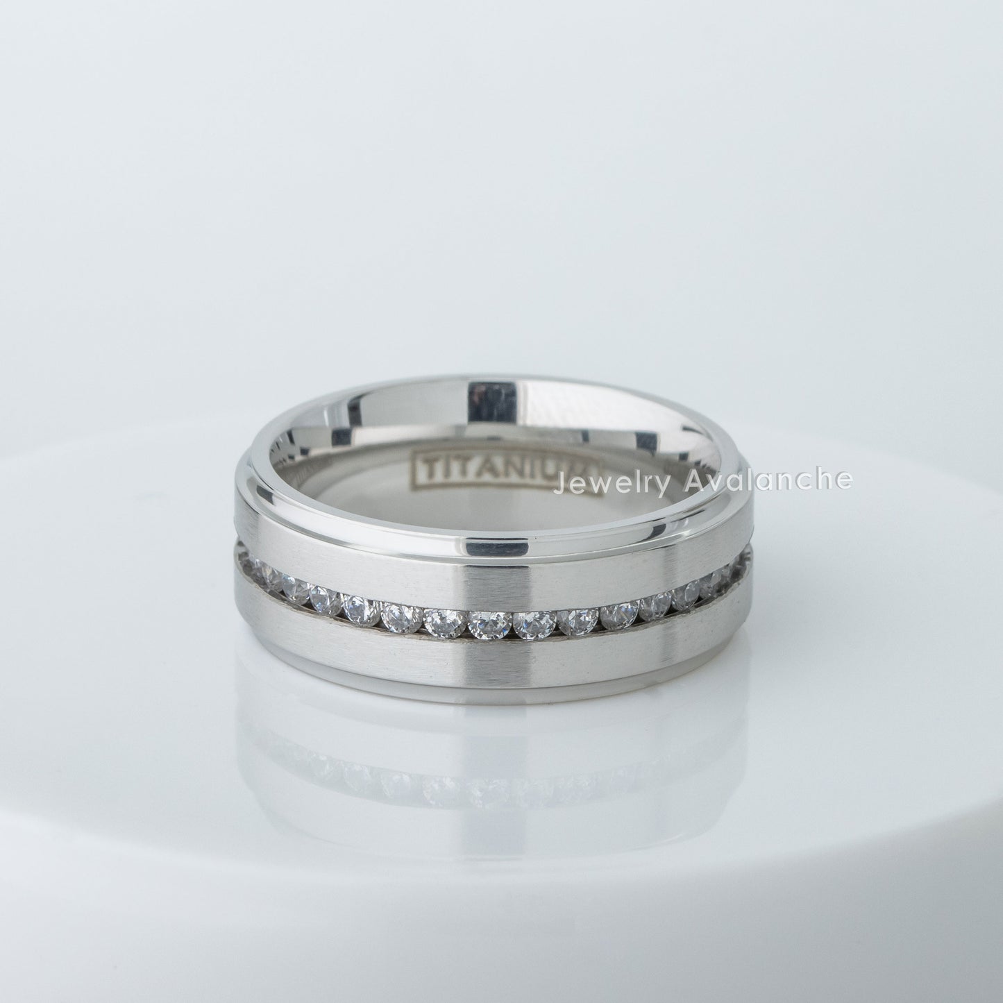 Jewelry Avalanche Mens White Titanium CZ Eternity Wedding Band, Comfort-fit, 8mm