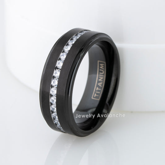 Jewelry Avalanche Mens Black Titanium CZ Eternity Wedding Band, Comfort-fit, 8mm