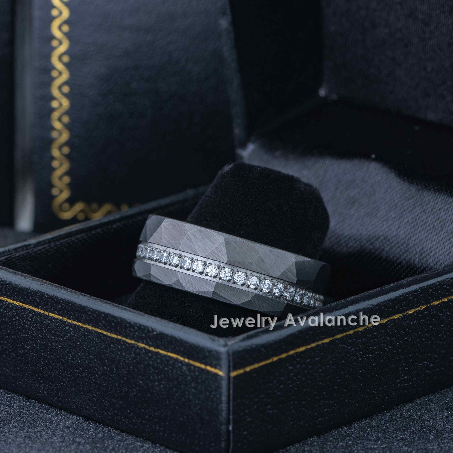 Jewelry Avalanche Hammered Finish Eternity CZ Pipe Cut Tungsten Carbide Wedding Band, Comfort-fit, 8mm