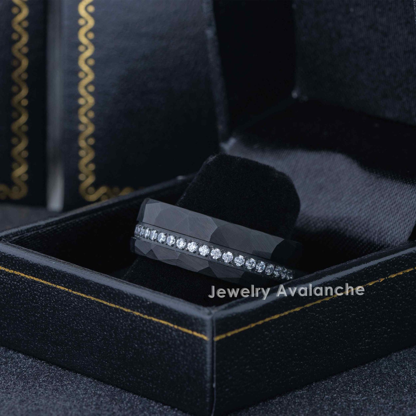 Jewelry Avalanche Black IP Hammered Finish Eternity CZ Pipe Cut Tungsten Carbide Wedding Band, Comfort-fit, 8mm