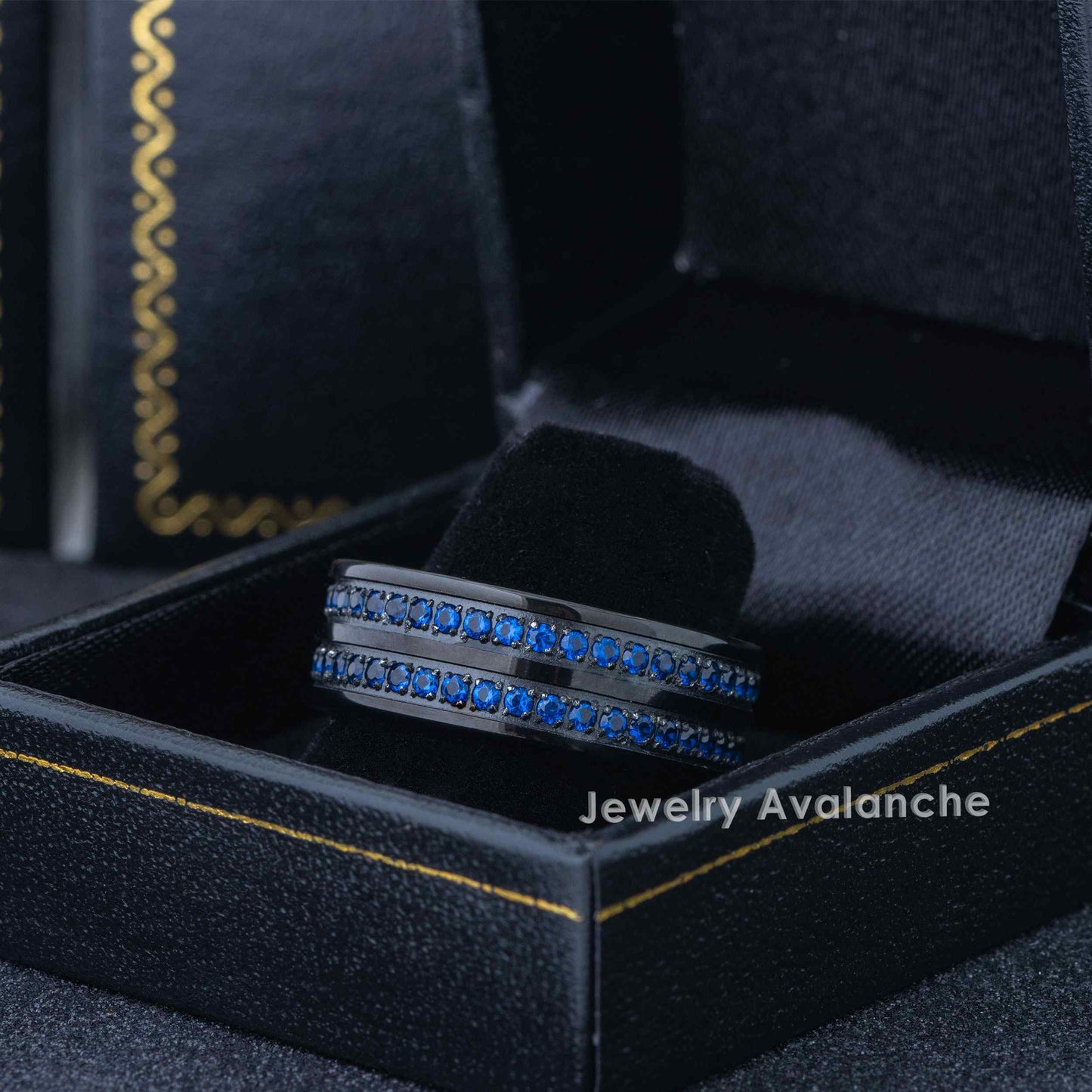 Jewelry Avalanche Black IP Double Row Eternity Blue CZ Pipe Cut Tungsten Carbide Wedding Band, Comfort-fit, 8mm