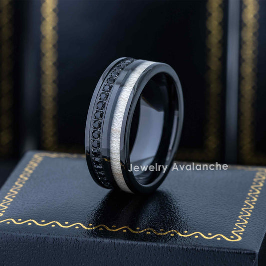 Jewelry Avalanche Black IP Eternity CZ with White Wood Inlay Pipe Cut Tungsten Carbide Wedding Band, Comfort-fit, 8mm