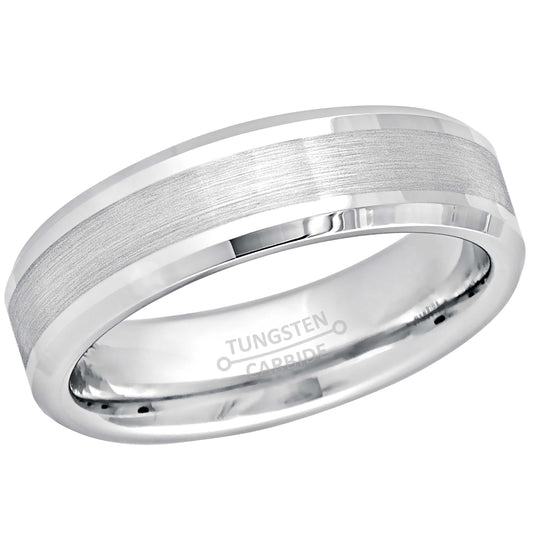 Jewelry Avalanche White Tungsten Wedding Band for Men Women, 6mm, Comfort Fit, Beveled Brushed Center