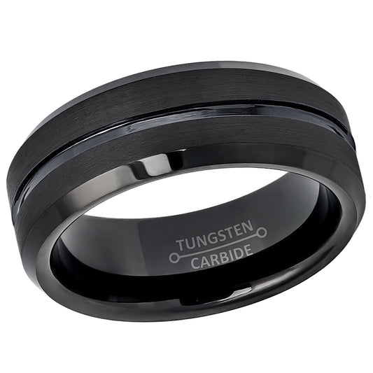 Jewelry Avalanche Black Brushed Sides Grooved Center Beveled Tungsten Carbide Wedding Band, Comfort-fit, 8mm