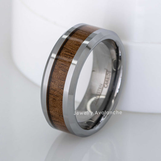 Jewelry Avalanche Mahogany Wood Inlay Beveled Tungsten Carbide Wedding Band, Comfort-fit, 8mm