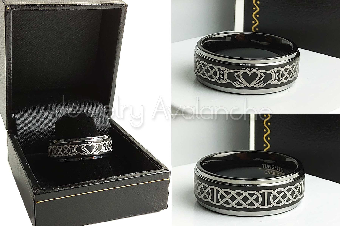 Jewelry Avalanche Mens Claddagh Black Tungsten Carbide Wedding Band, Comfort-fit, 8mm