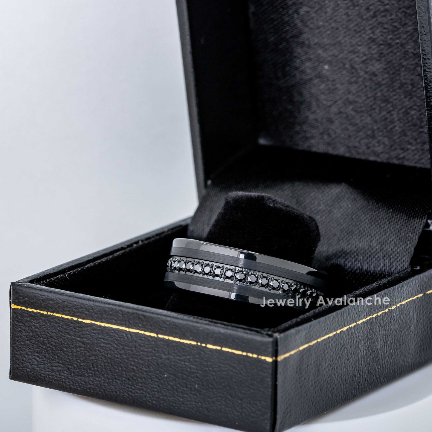 Jewelry Avalanche Mens Tungsten Carbide Eternity Wedding Band, Black CZ, Comfort-fit, Pipe Cut