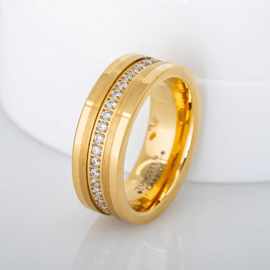 Jewelry Avalanche Mens Gold Tungsten Carbide CZ Eternity Wedding Band, Comfort-fit, Pipe Cut