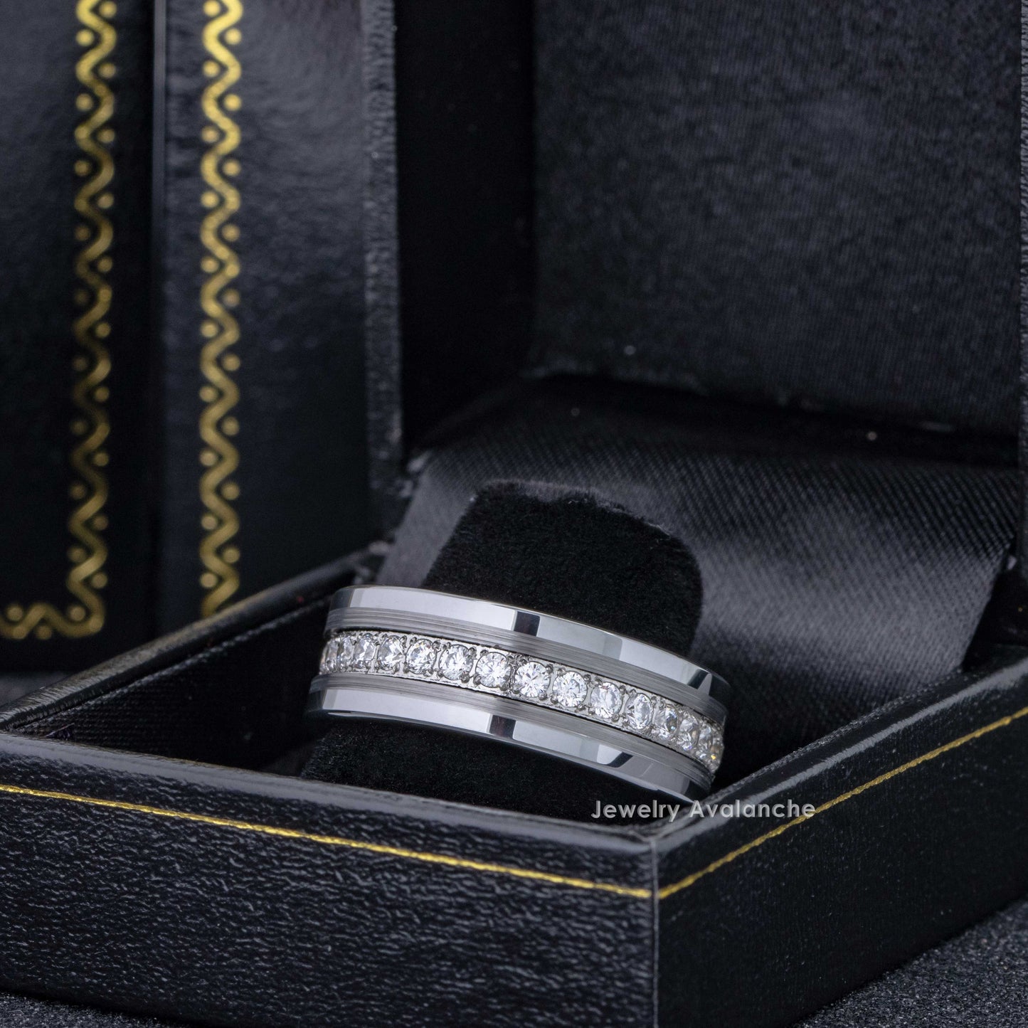 Jewelry Avalanche Mens Tungsten Carbide CZ Eternity Wedding Band, Comfort-fit, Pipe Cut