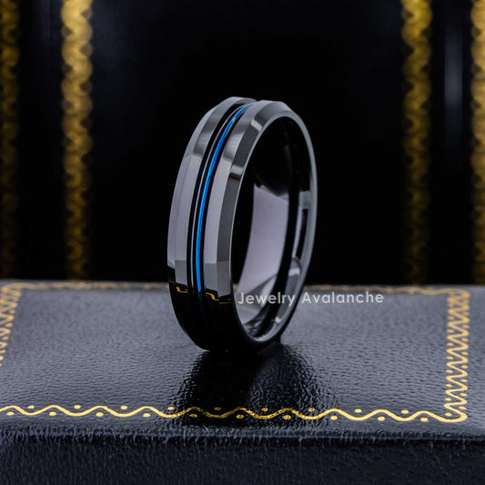 Jewelry Avalanche 6mm Beveled Black & Blue IP Grooved Tungsten Carbide Men Women Wedding Band