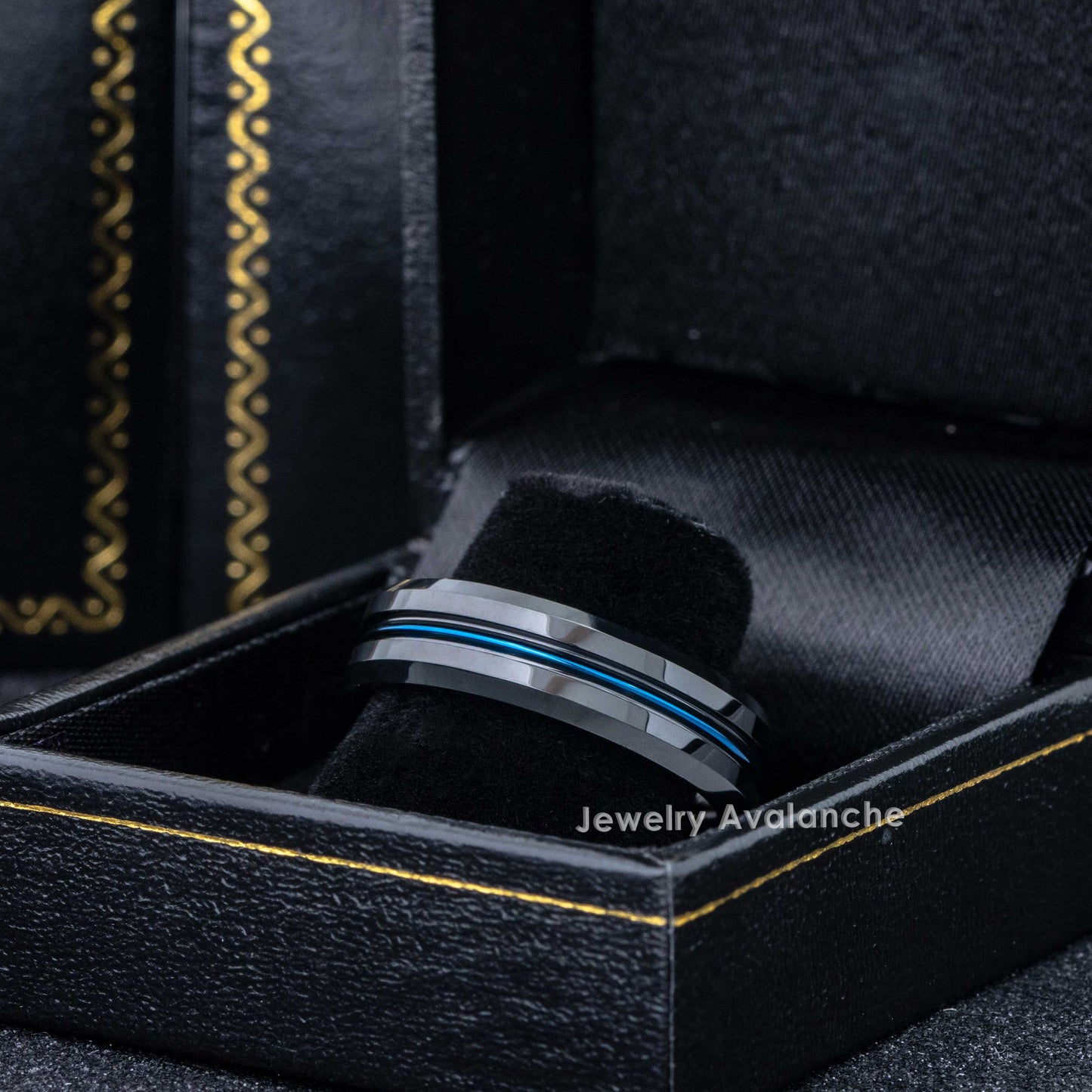Jewelry Avalanche 6mm Beveled Black & Blue IP Grooved Tungsten Carbide Men Women Wedding Band