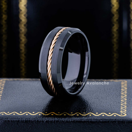 Jewelry Avalanche 8mm Beveled Black IP Rope Inlay Tungsten Carbide Mens Wedding Band