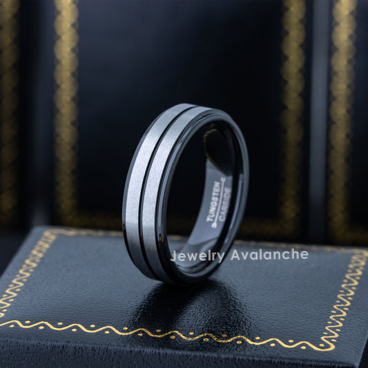 Jewelry Avalanche 6mm Stepped Black & Gunmetal IP Grooved Tungsten Carbide Men Women Wedding Band
