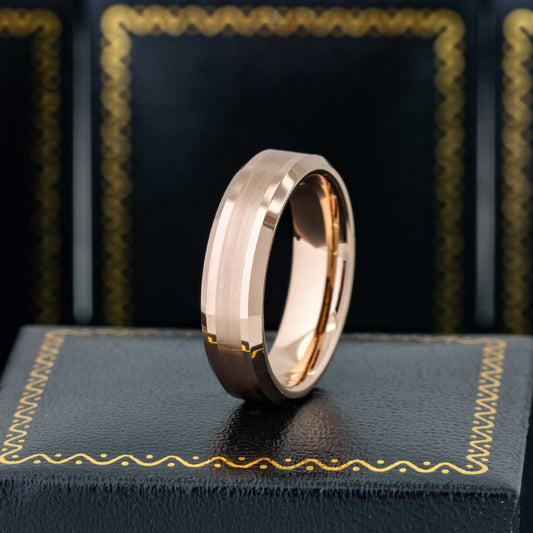 Jewelry Avalanche Rose Gold IP Brushed Finish Beveled Tungsten Carbide Wedding Band, Comfort-fit, 6mm
