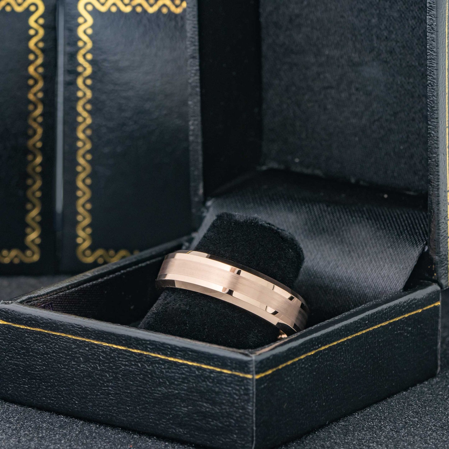 Jewelry Avalanche Rose Gold IP Brushed Finish Beveled Tungsten Carbide Wedding Band, Comfort-fit, 6mm