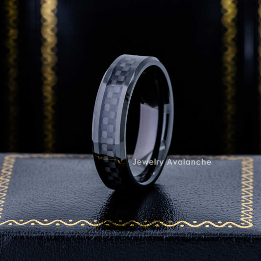 Jewelry Avalanche 6mm Black Carbon Fiber Inlay Beveled Tungsten Carbide Men Women Wedding Band