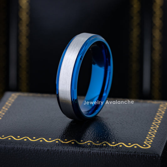Jewelry Avalanche 6mm Stepped Beveled Blue & Gunmetal IP Tungsten Carbide Men Women Wedding Band