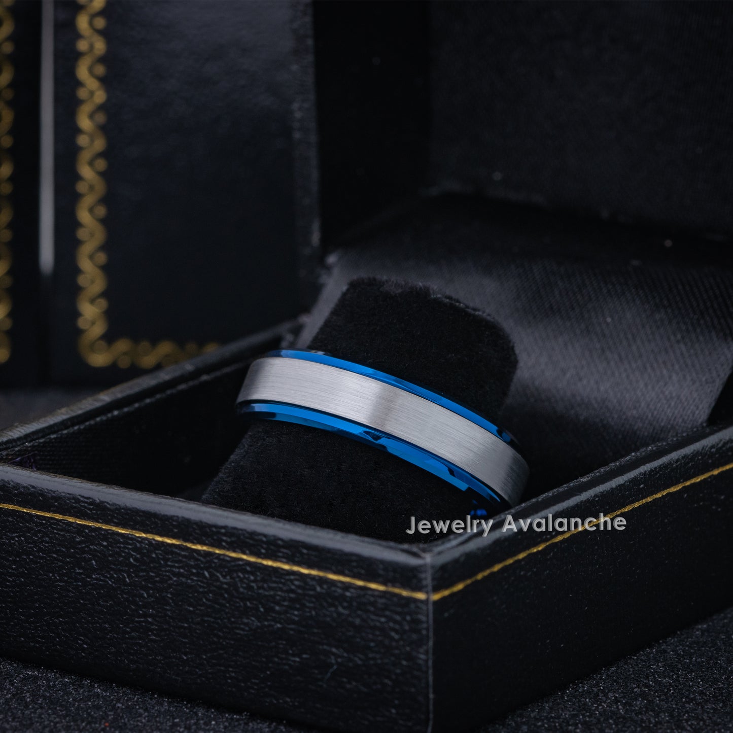 Jewelry Avalanche 6mm Stepped Beveled Blue & Gunmetal IP Tungsten Carbide Men Women Wedding Band