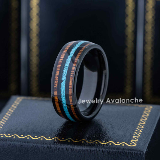 Jewelry Avalanche Black IP Koa Wood and Turquoise Inlay Dome Tungsten Carbide Wedding Band, Comfort-fit, 8mm