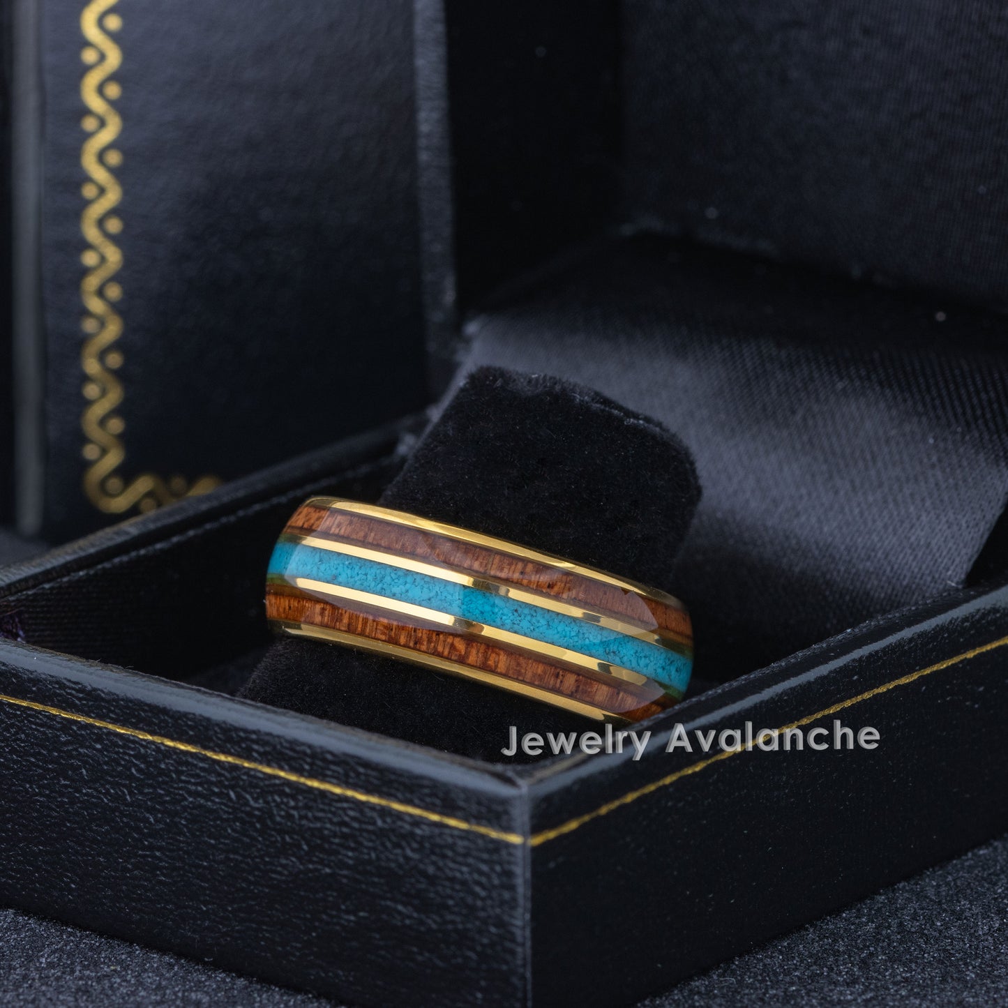 Jewelry Avalanche 8mm Dome Gold IP Wood & Turquoise Inlay Tungsten Carbide Mens Wedding Band