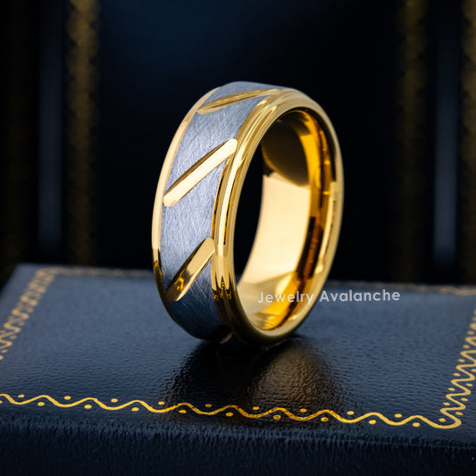 Jewelry Avalanche 8mm Stepped Gold Gray IP Notches Tungsten Carbide Mens Wedding Band