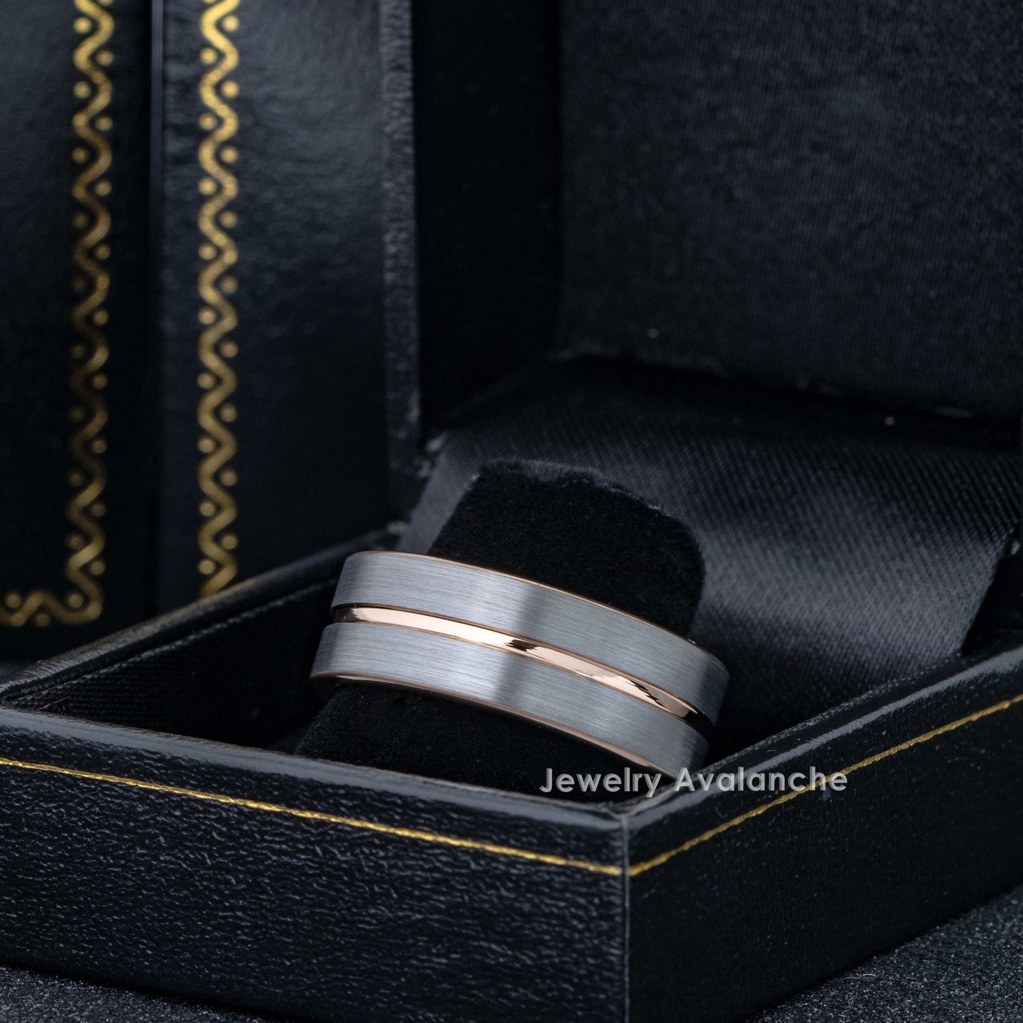 Jewelry Avalanche 8mm Pipe Cut Rose Gold & Gray IP Grooved Tungsten Carbide Mens Wedding Band