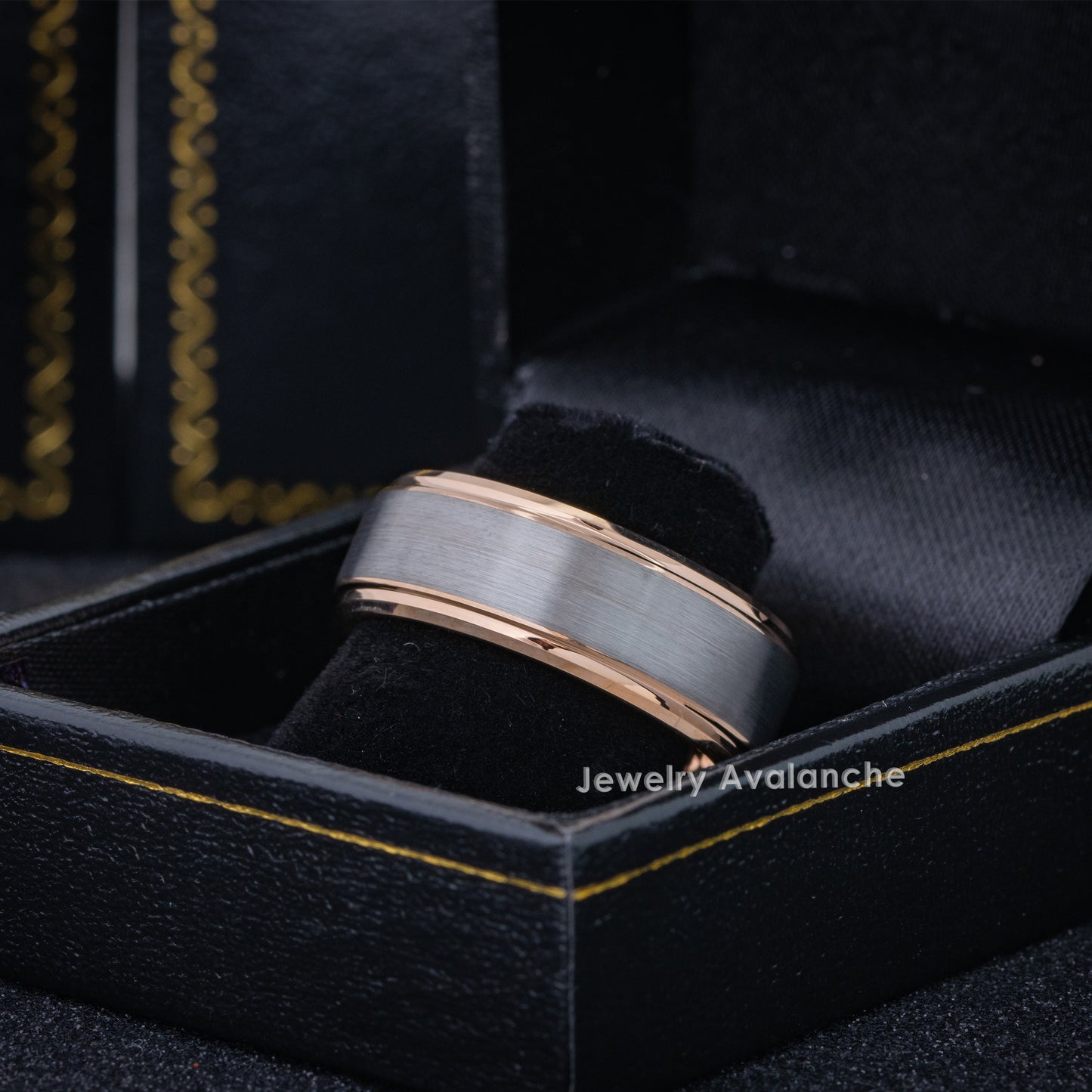 Jewelry Avalanche 8mm Beveled Rose Gold & Gunmetal IP Tungsten Carbide Mens Wedding Band