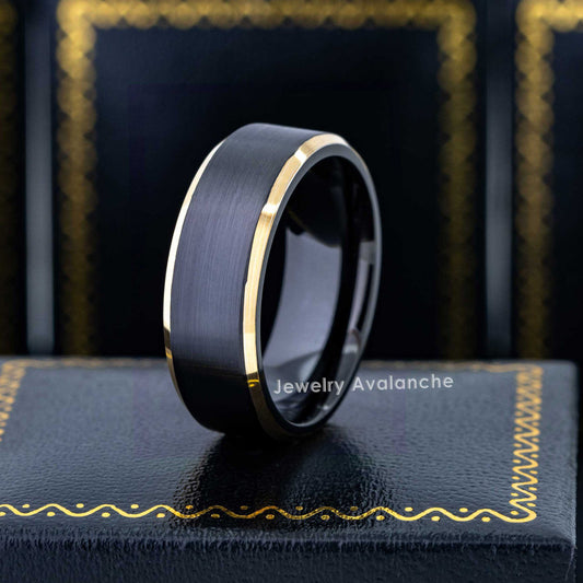 Jewelry Avalanche Mens Black & Gold Tungsten Carbide Wedding Band, Comfort-fit, Beveled Edge, 8mm