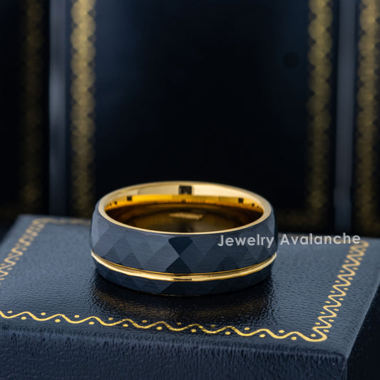 Jewelry Avalanche Black IP Faceted Tungsten Carbide Wedding Band, Grooved, Dome, Comfort-fit, 8mm